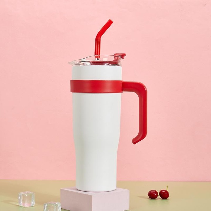 Kubek termiczny ze słomką i pokrywką – 1200 ml, stal nierdzewna