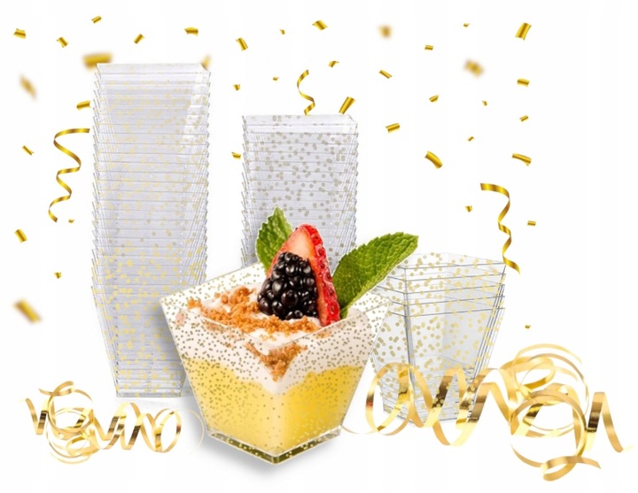 ORYGINALNE POJEMNIKI PUCHARKI KWADRATOWE DO DESERÓW 60ML ZŁOTY BROKAT 50szt