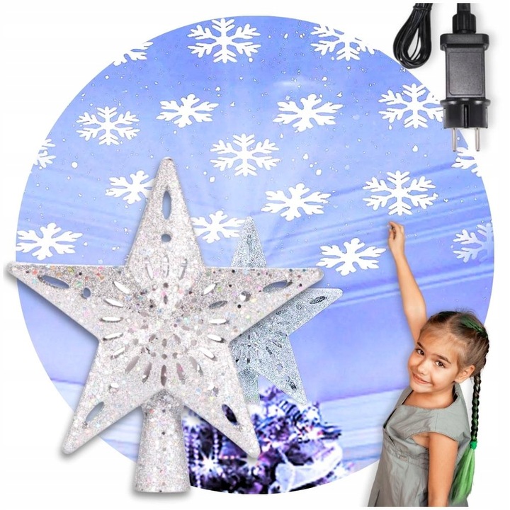 ŚWIECĄCA GWIAZDA OZDOBA NA CHOINKĘ LED Z PROJEKTOREM CZUBEK SREBRNA NA PRĄD