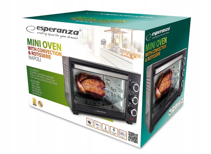 PIEKARNIK ELEKTRYCZNY 25L TERMOOBIEG ROŻNO TERMOSTAT TIMER 1600W 0-250st C