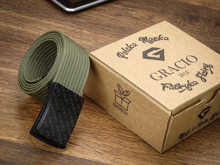 Pasek dla mężczyzny Parciany KHAKI produkt na prezent Gracio klamra 145cm