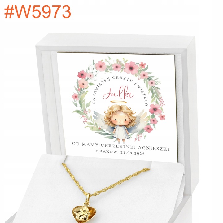 Złoty Łańcuszek Medalik Serce 585 z Grawerem Pamiątka Chrztu Świętego