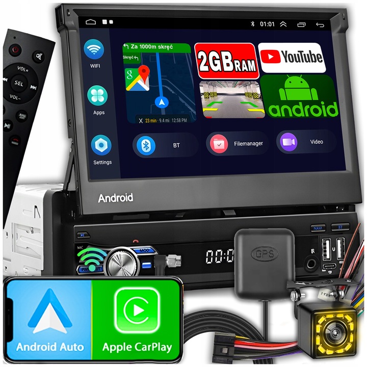 RADIO SAMOCHODOWE 1 DIN ANDROID 13 GPS USB WIFI WYSUWANY PILOT CARPLAY