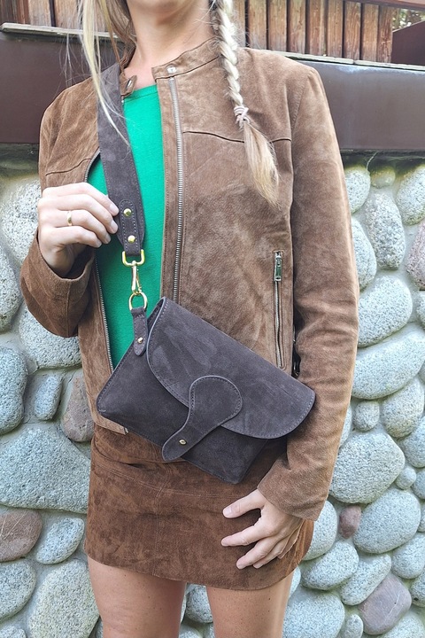 Zamszowa Torebka włoska CZEKOLADOWA nerka listonoszka MAXI DUŻA WERSJA