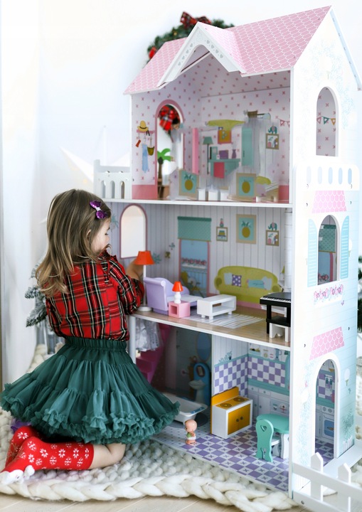 Duży Domek Dla Lalek XXL Drewniany Mebelki Do Zestawu Oświetlenie LED