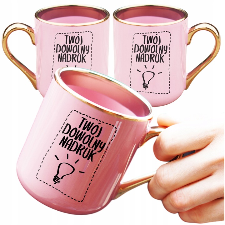 kubek różowy ze złotym uchem i rantem z TWOIM DOWOLNYM NADRUKIEM kreator