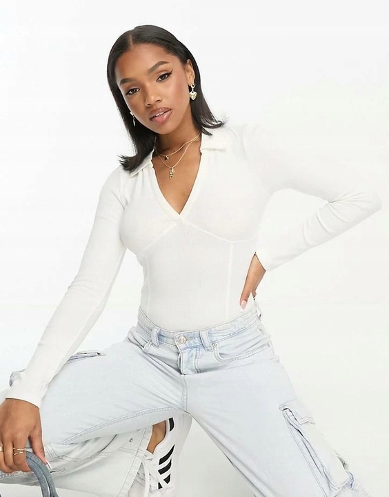 MISS SELFRIDGE DOPASOWANE BIAŁE BODY PRĄŻKI KOŁNIERZ 6EZ NH2__L