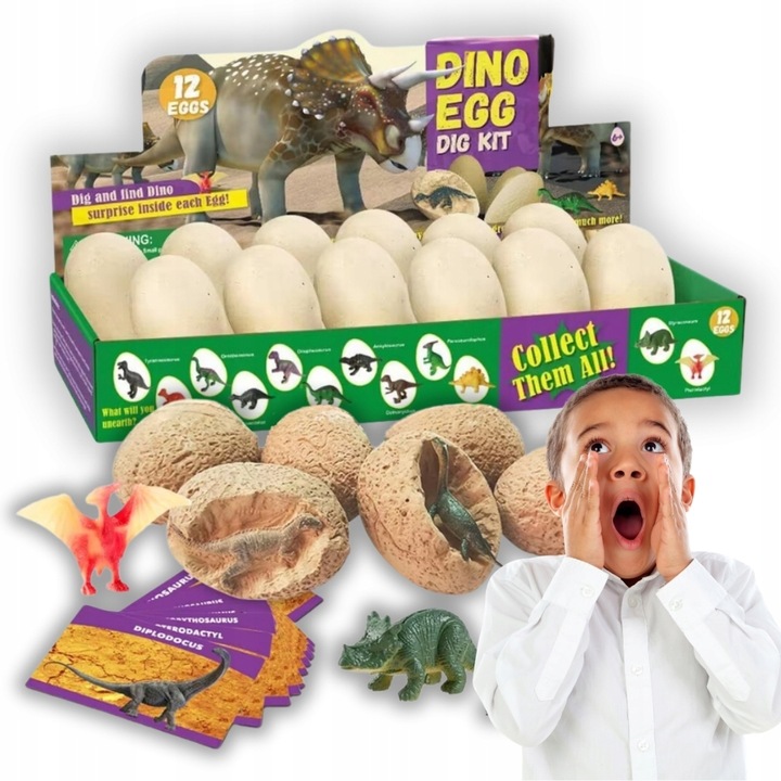 ZESTAW KOPALNIA DINOZAURÓW WYKOPALISKA ARCHEOLOG 12 DUŻYCH JAJ + KARTY