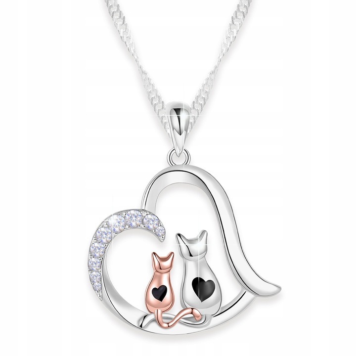 Naszyjnik Srebrny Serce z Kotami Dwa Koty Serduszko Blaszka SREBRO 925