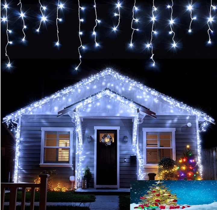 LAMPKI ZEWNĘTRZNE ŚWIĄTECZNE SOPLE 300 LED BIAŁE ZIMNE STAŁE + FLASH 12m