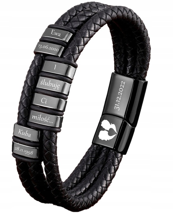 Bransoletka skórzana IMIONA daty z GRAWEREM 316L