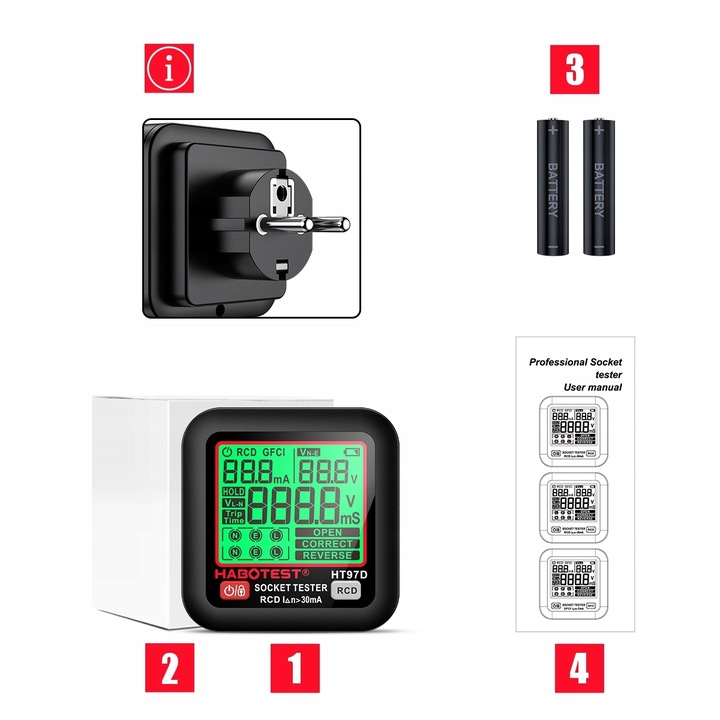 HABOTEST HT97D TESTER NAPIĘCIA GNIAZDEK SIECIOWYCH ELEKTRYCZNYCH DUŻY LCD