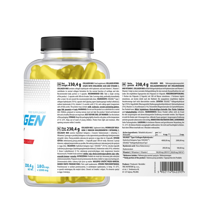 KOLAGEN W KAPSUŁKACH Trec Collagen Max 180 kaps KWAS HIALURONOWY WITAMINA C