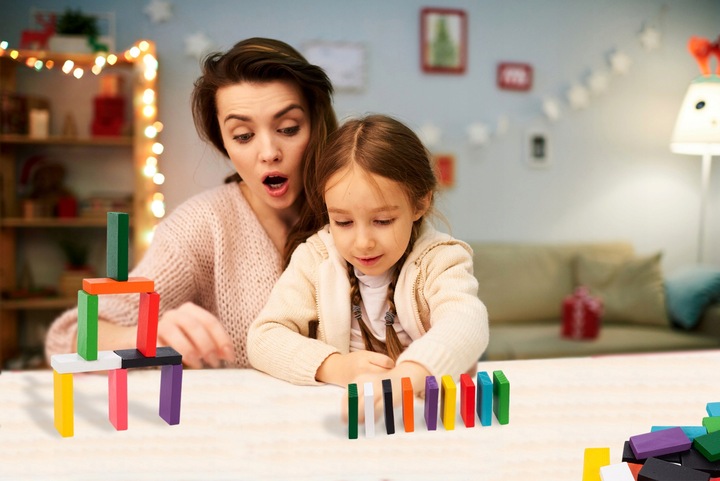 KLOCKI DOMINO KOLOROWE DREWNIANE EDUKACYJNE GRA ZRĘCZNOŚCIOWA 200 ELEMENTÓW