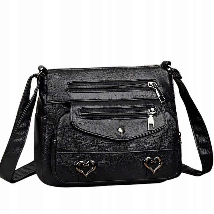 Torebka Damska MAŁA CZARNA na Ramię W serca Pojemna Kuferek Dużo Kieszonek
