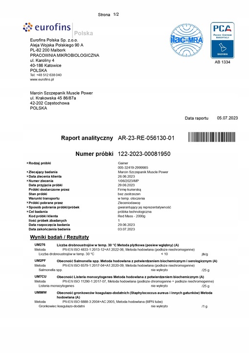 GAINER Red Mass 2000g BIAŁKO węglowodany MASA SIŁA czekolada Red Support