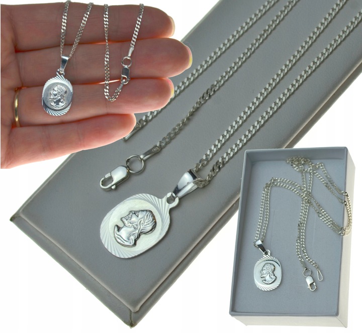 ŁAŃCUSZEK SREBRNY Z Medalikiem Jezus 925 55CM Komplet DLA CHŁOPCA KOMUNIA