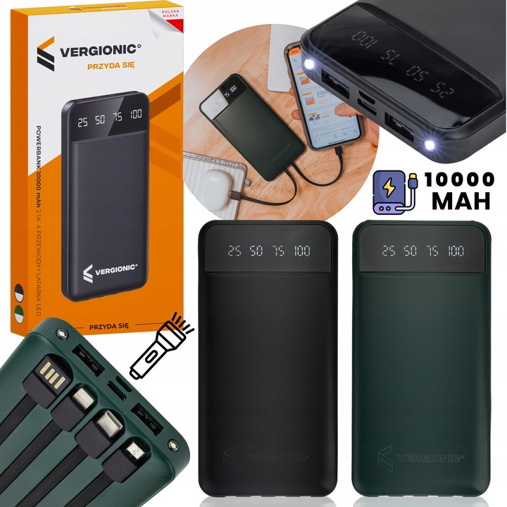 Powerbank 10000 mAh POWER BANK z latarką lightning, microUSB, USB-C, USB