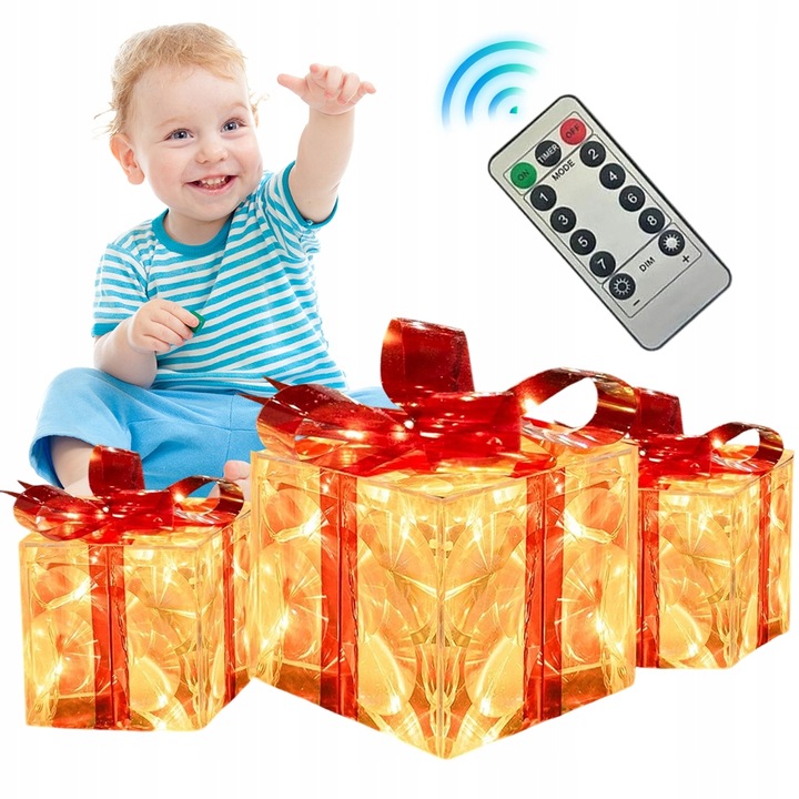 PODŚWIETLANE PUDEŁKA PREZENTOWE 3SZT 8 TRYBÓW ŚWIATŁA LED ŚWIĄTECZNE