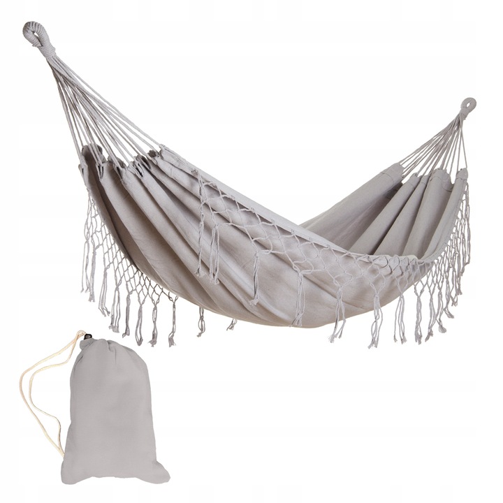 DUŻY MOCNY HAMAK OGRODOWY BOHO HUŚTAWKA MIDAS 3 100x200 SZARY + POKROWIEC