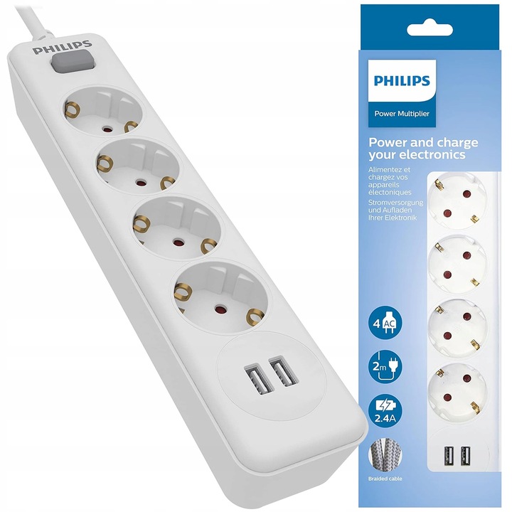 LISTWA ZASILAJĄCA PHILIPS ROZGAŁĘZIACZ 4 GNIAZDA 2x USB 2,4A PRZEWÓD 2m