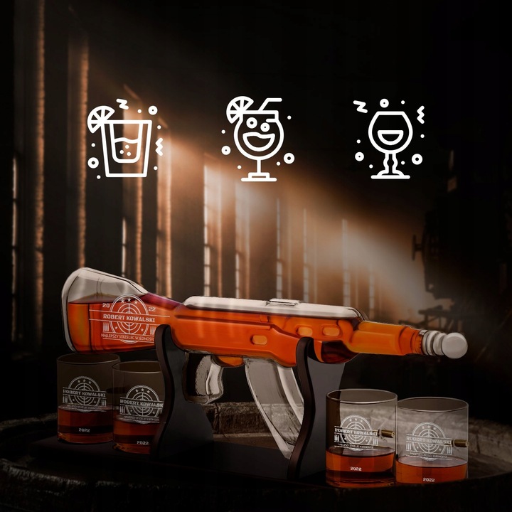 Zestaw do Whisky Karafka Karabin 4 Szklanki Grawer na Urodziny dla Faceta