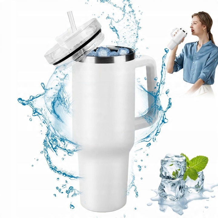 DUŻY KUBEK TERMICZNY Z UCHWYTEM I SŁOMKĄ TERMOS DUŻY 1200ML BIAŁY