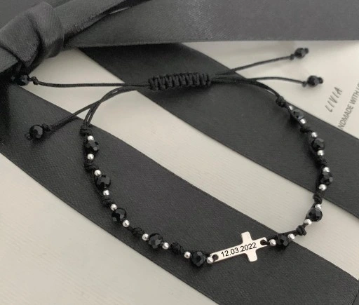 Dziesiątka różańca bransoletka RÓŻANIEC srebro onyks GRAWER TWÓJ TEKST