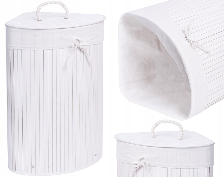 KOSZ POJEMNIK NA PRANIE BIELIZNĘ BAMBUSOWY NAROŻNY BIAŁY ŁAZIENKOWY 60L