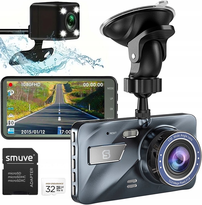 Wideorejestrator jazdy Przód Tył Kamera samochodowa Full HD + Karta pamięci