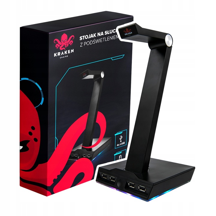 STOJAK UCHWYT NA SŁUCHAWKI LED RGB PODŚWIETLENIE HUB + 4x USB