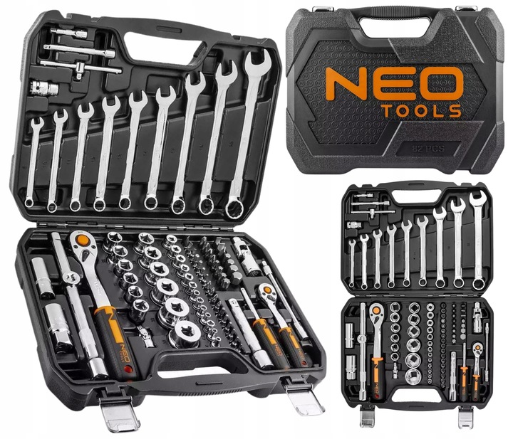 NEO TOOLS Klucze Nasadowe 85 el. 1/4, 1/2 CrV Zestaw Narzędzi Walizka