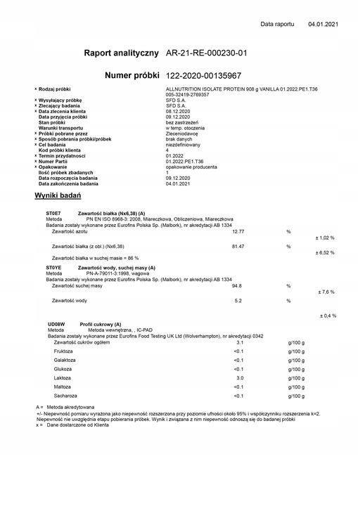 ALLNUTRITION ISOLATE PROTEIN 2000 WPI BIAŁKO WHEY SMAK WANILIOWY MASA SIŁA