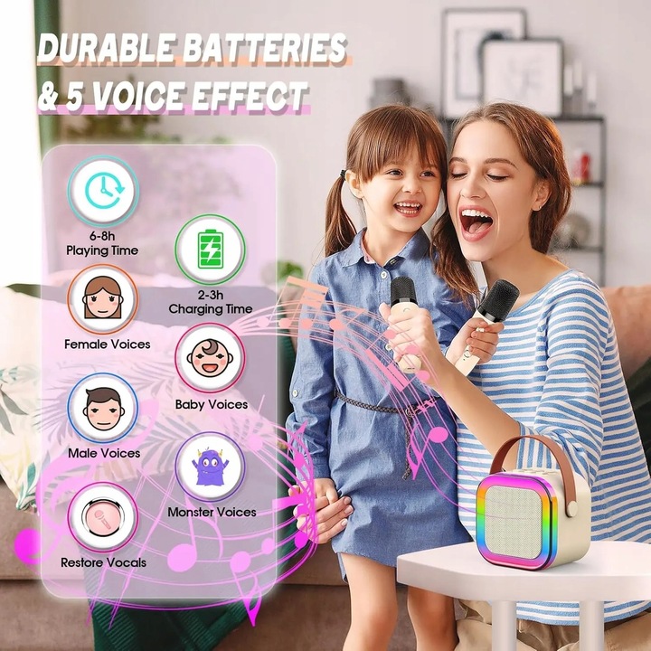 KARAOKE DLA DZIECI PRZENOŚNY GŁOŚNIK BLUETOOTH + 2 MIKROFONY KOLORNIEBIESKI