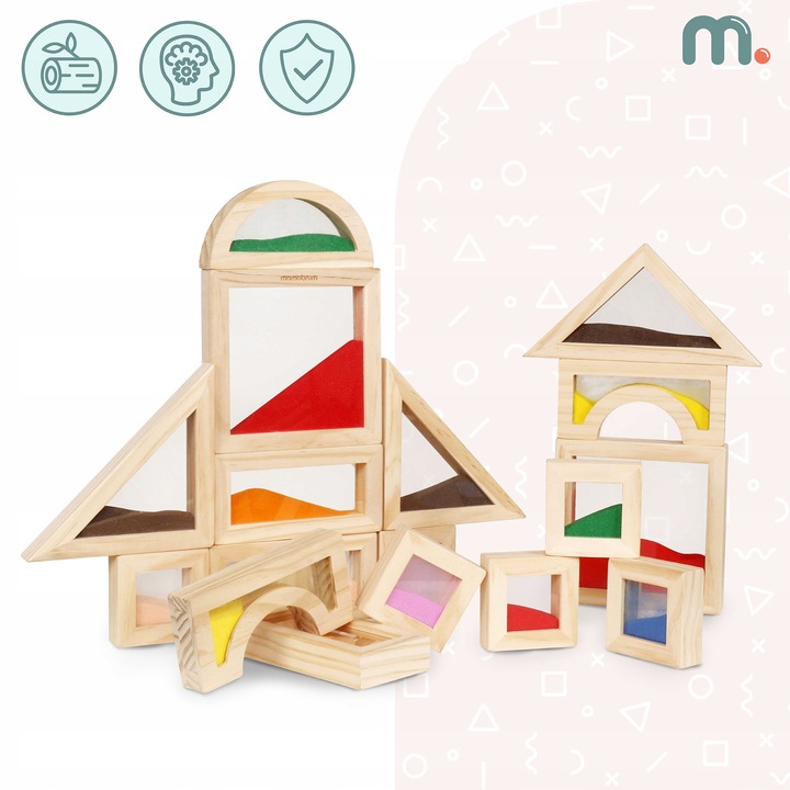 Drewniane klocki sensoryczne dla dzieci – zestaw 18 elementów do zabawy