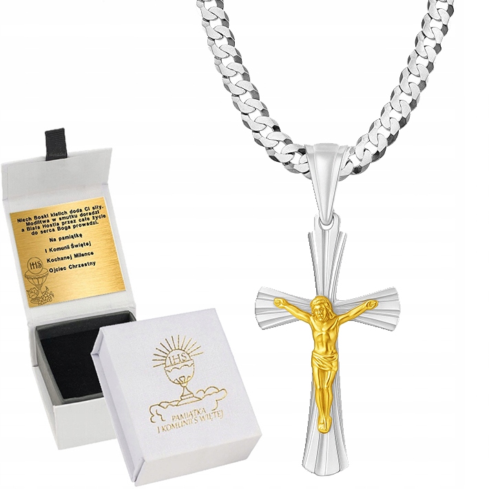 SREBRNY ŁAŃCUSZEK PANCERKA Z KRZYŻYKYKIEM JEZUS NA KOMUNIA GRAWER SREBRO