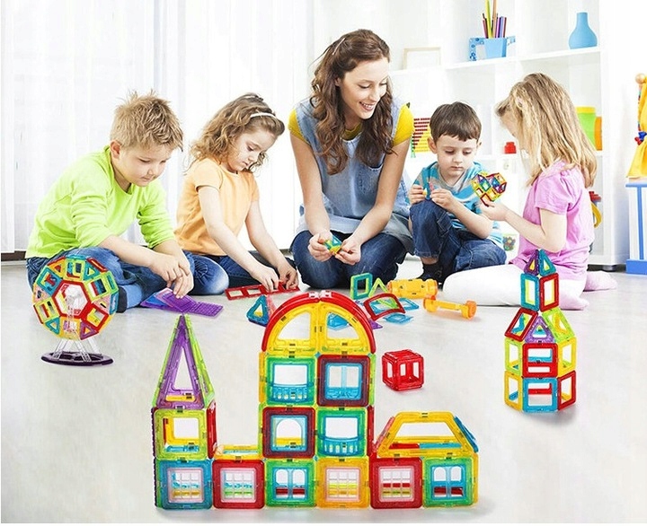 Klocki MAGNETYCZNE duży zestaw mocne magnesy PANELE MŁYN 130 elementów