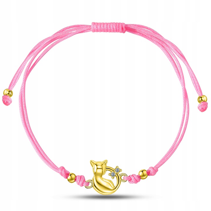 Srebrna bransoletka dla dziewczynki dzieci sznurkowa kotek srebro pozłacane