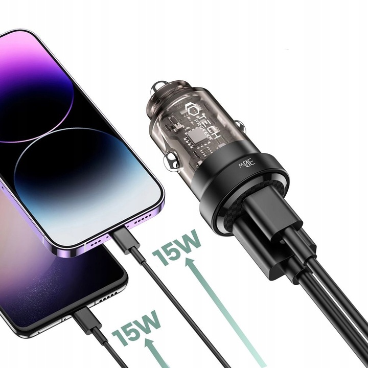 MAŁA ŁADOWARKA SAMOCHODOWA USB TYPE-C DO IPHONE 11 12 13 14 15 - DUAL PORT