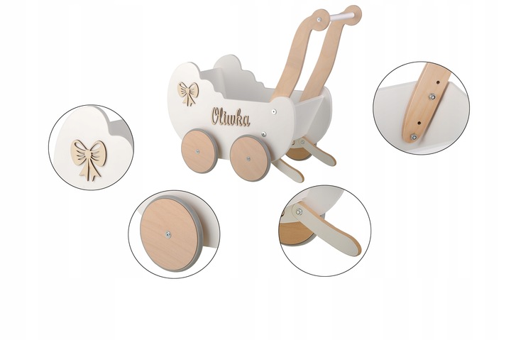 WÓZEK DLA LALEK DREWNIANY PCHACZ JEŹDZIK WÓZEK + IMIĘ PRODUCENT