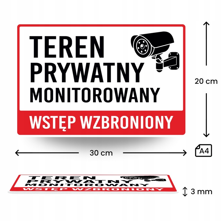 Tabliczka Teren Prywatny Monitorowany Wstęp Wzbroniony PCV 20x30 - 3 sztuki