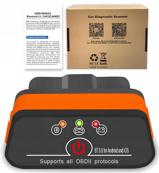 Interfejs diagnostyczny ELM327 Tester OBD2 Bluetooth 5.0 Smartphone iPhone