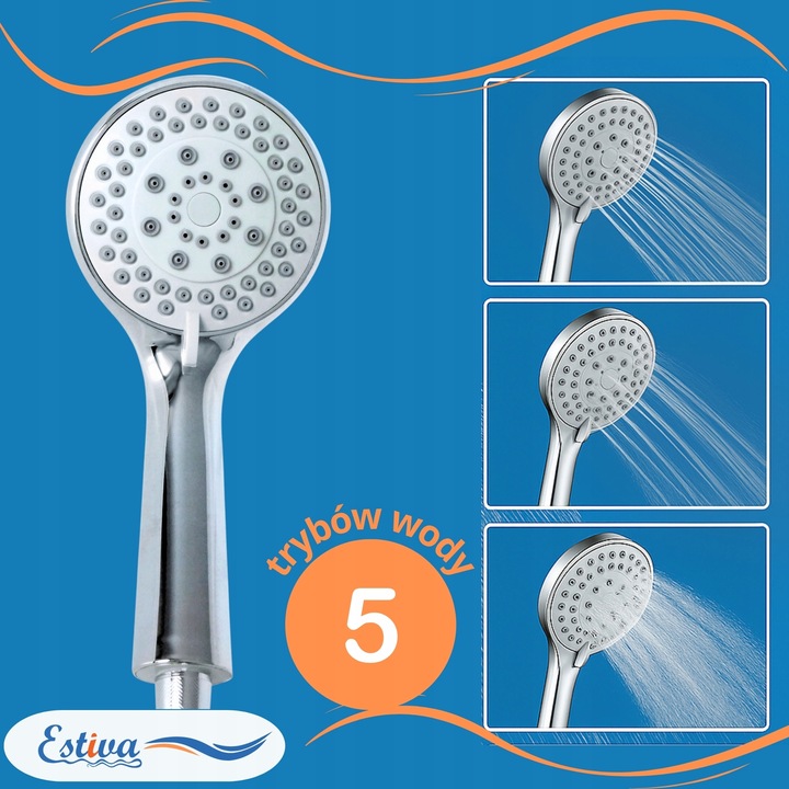 ZESTAW PRYSZNICOWY SŁUCHAWKA PRYSZNICOWA 5 FUNKCJI WĄŻ UCHWYT ESTIVA