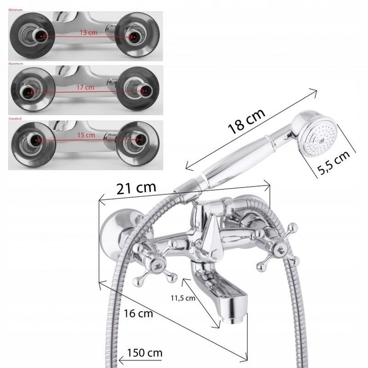 Bateria wannowa z prysznicem ścienna retro dwuuchwytowa kran do wanny chrom