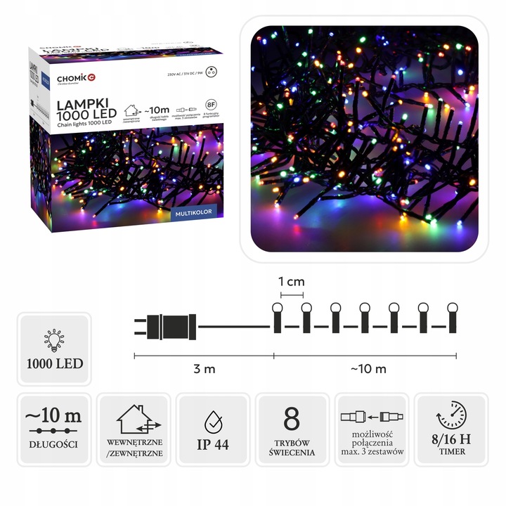 LAMPKI CHOINKOWE 1000LED ZEWNĘTRZNE 10M ŚWIATEŁKA KOLOROWE MULTI GĘSTE
