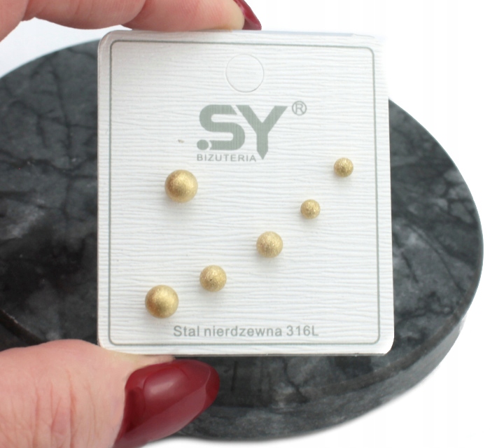 KOLCZYKI SZTYFTY STAL CHIRURGICZNA 3 PARY ZŁOTE KULKI PIASKOWANE