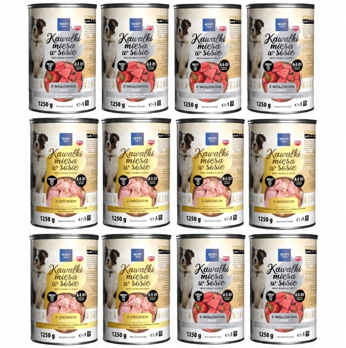 WAFI KARMA MOKRA DLA PSA KAWAŁKI W SOSIE MIX SMAKÓW 12X1250G PUSZKA