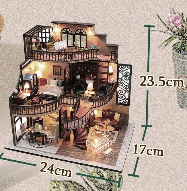 Domek dla Lalek Drewniany LED Piętrowy Retro Model do Złożenia DIY Meble