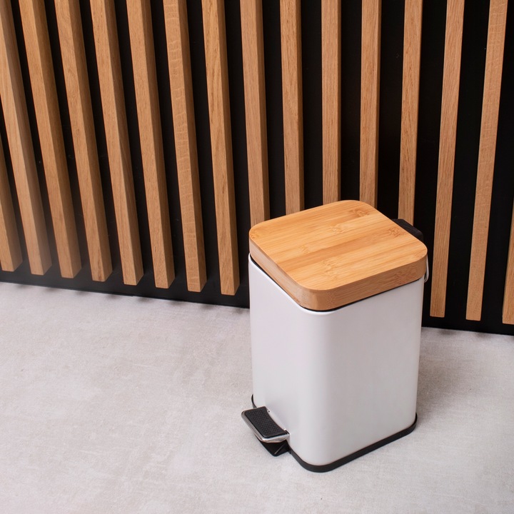 KOSZ NA ŚMIECI ŁAZIENKOWY 3L BIAŁY BAMBUS METAL do WC łazienki kwadratowy