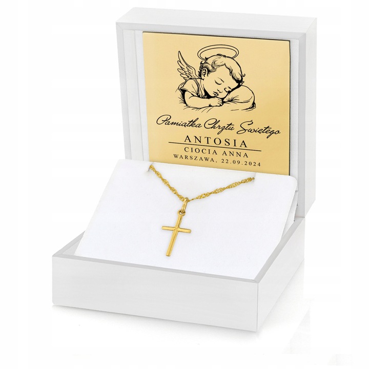 Złoty Łańcuszek Krzyżyk 585 Prezent Chrzest Pamiątka Chrztu Chłopca GRAWER